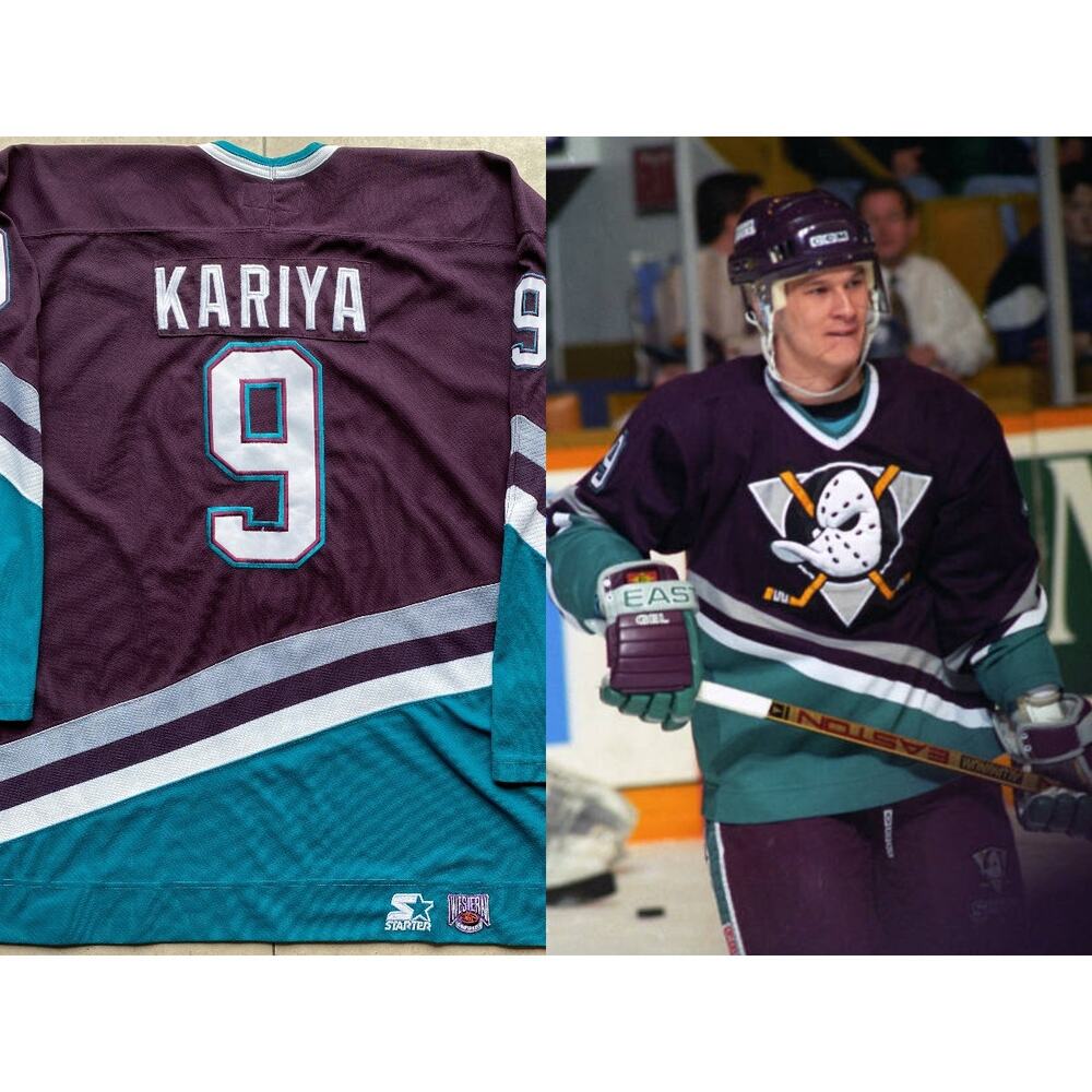 Paul KARIYA #9 Anaheim Mighty Ducks 90s STARTER jersey 2XL purple away NHL vtg
